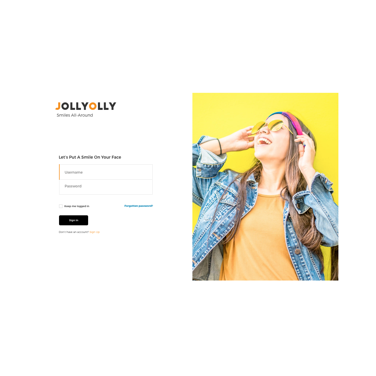 login page with image of a jolly and happy girl by Katherine Delorme