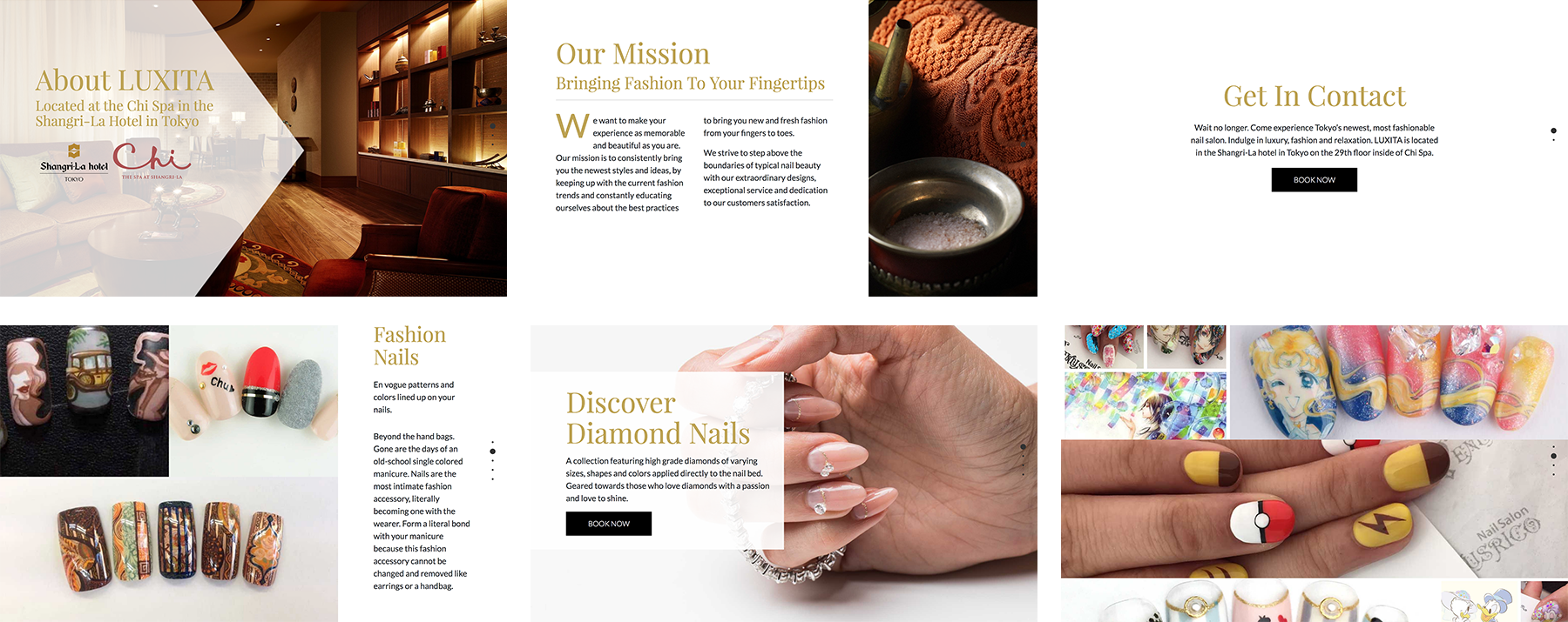 About and contact pages from the English LUXITA salon website. By Katherine Delorme.