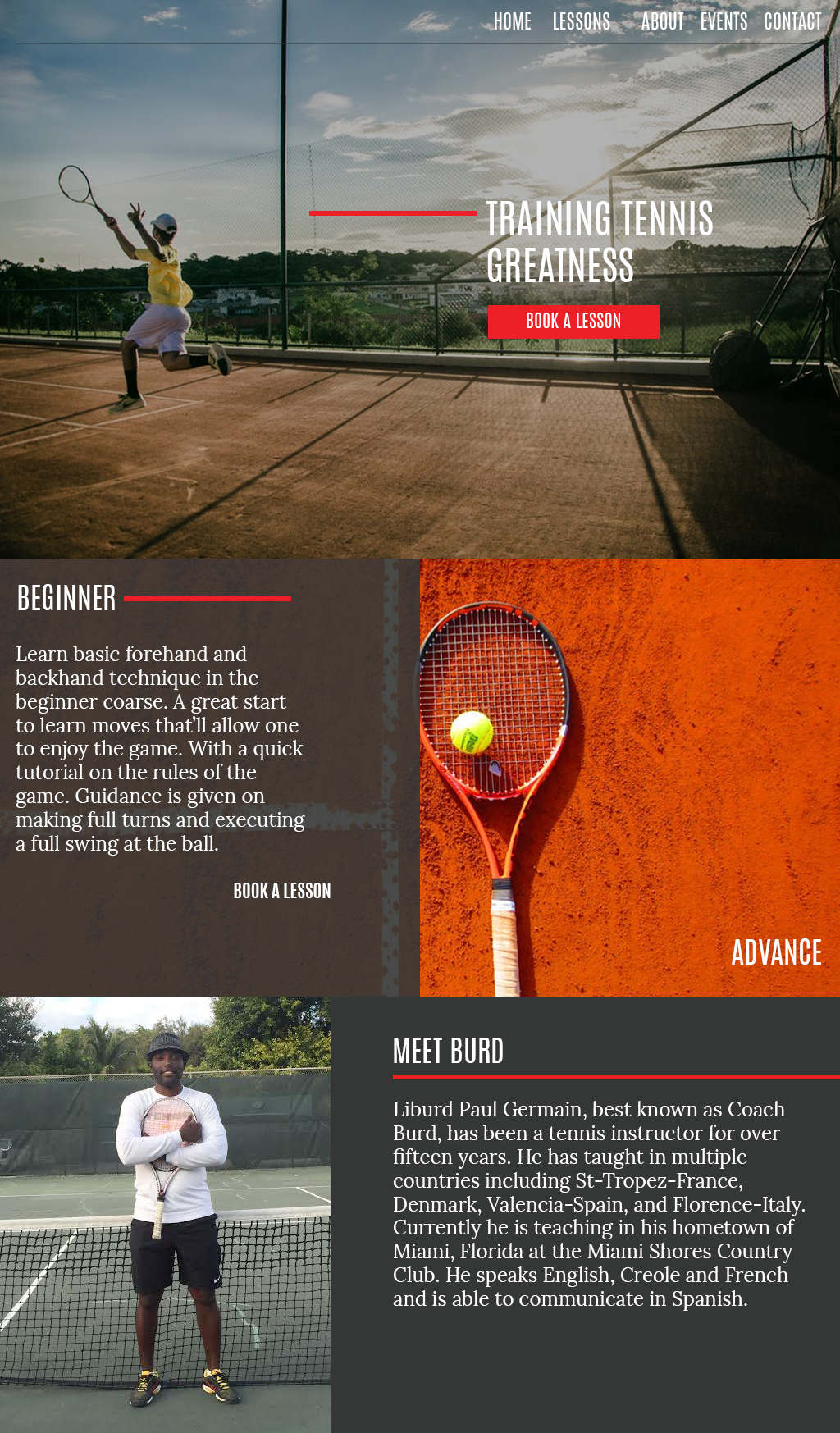 Full page view of the home page of the tennis website designed by Katherine Delorme